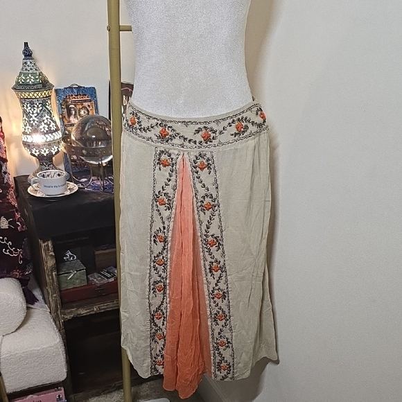 Odille Dresses & Skirts - Odille Beige and Orange Embroidered Midi Skirt